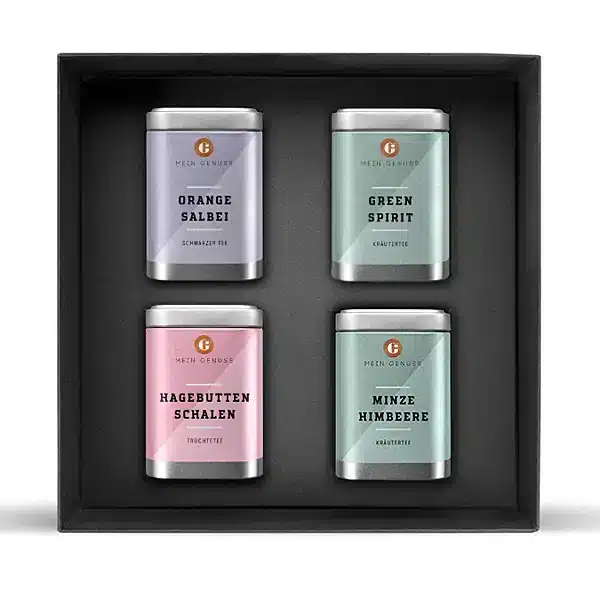 Geschenkbox mit Green Spirit Kräutertee, Ingwer Zitrone Rooibostee, Minze-Himbeere Kräutertee, White Ananas Chai Weisser Tee