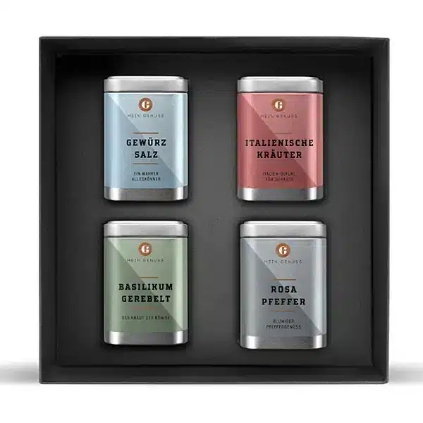 gewürzebox mit Basilikum gerebelt, Gewürzsalz, Italienische Kräuter, Rosa Pfeffer