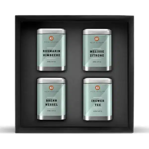 Box mit Brennnesseltee, Ingwer Tee, Morgen Tee, Rosmarin Himbeere Kräutertee