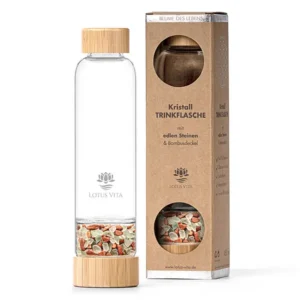 Elegante Glastrinkflasche mit Edelsteinfach "Fluorit, Goldfluss"